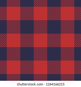 Seamless plaid pattern in dark blue and red stripes.  Checkered fabric texture print. Vector flat illustration.