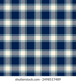 Seamless plaid pattern with dark blue and beige colors, accented with turquoise lines. The design consists of intersecting squares of stripes, creating a classic tartan look.