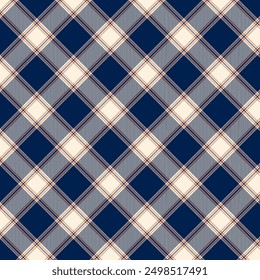 Nahtloses kariertes Muster mit dunkelblauen und beigen Farben, mit orangefarbenen Linien hervorgehoben. Das Design schneidet Streifen, die Diamantformen und Quadrate bilden, und erzeugt so einen klassischen Tartanlook.