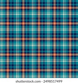 Seamless plaid pattern with dark blue and turquoise colors, accented with beige and orange lines. The design consists of intersecting squares of stripes, creating a classic tartan look.