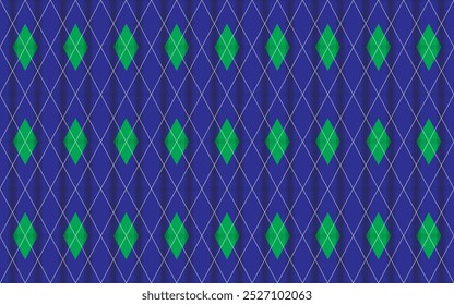 Naadloos geplakt patroon met donkerblauw en groen, geaccentueerd met witte lijnen en steken. snijdende strepen vormen diamantvormen en vierkanten, waardoor een klassieke tartan-look ontstaat.