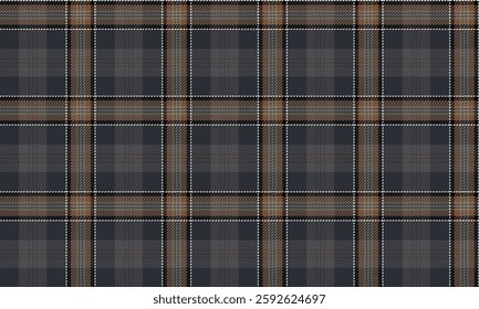 Seamless plaid pattern, dark grey and brown, with black and white lines in a square grid. This pattern is classic and perfect for clothing and textile design.