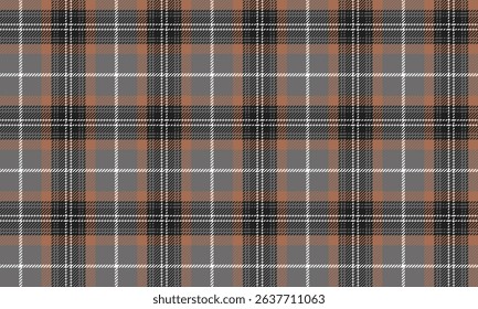 Seamless plaid pattern in dark grey, orange, black and white. Classic and unique design. Suitable for designing clothes, skirts, pants, giving a modern or vintage look.