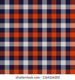 Seamless Plaid Pattern In Dark Purple, Orange And White Stripes. Checkered Fabric Texture Print. Vector Flat Illustration.