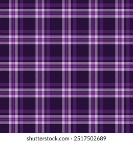 Seamless plaid pattern with dark purple, purple, and pink colors, accented with lines. The design consists of intersecting squares of stripes in purple tone, creating a classic tartan look.	