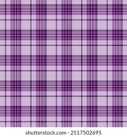 Seamless plaid pattern with dark purple, purple, and pink colors, accented with lines. The design consists of intersecting squares of stripes in purple tone, creating a classic tartan look.	