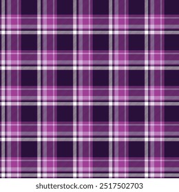 Seamless plaid pattern with dark purple, purple, and pink colors, accented with lines. The design consists of intersecting squares of stripes in purple tone, creating a classic tartan look.	