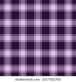 Seamless plaid pattern with dark purple, purple, and pink colors, accented with lines. The design consists of intersecting squares of stripes in purple tone, creating a classic tartan look.	
