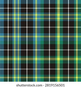 Seamless plaid pattern featuring medium ocean blue, dark emerald green, soft lemon yellow, deep black brown and white tones.