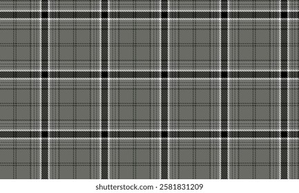 Seamless plaid pattern, green, white and black tones, designed for use in tailoring, skirts, pants, giving a modern and stylish look, vector illustration.