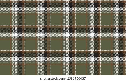 Seamless plaid pattern, green, white, black, brown. Design for clothes, skirts, pants, classic and chic style, vector illustration.