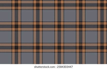 Seamless plaid pattern, grey, black, orange, cool tones contrasting with warm tones for a modern and striking look. Designed for clothes, skirts and pants.