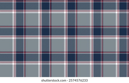 Seamless plaid pattern, grey, blue, white, red, for designing clothes, skirts, aprons, tablecloths, or decorative fabrics, vector illustration.