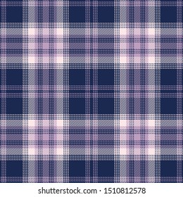 Seamless plaid pattern. Lavender and blue dark tartan check plaid for flannel shirt, scarf, poncho, blanket, throw, or other modern textile design. Striped texture. Stitched effect.