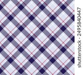 Seamless plaid pattern with navy blue, light blue, and white colors, accented with red lines. The design of intersecting stripes forming diamond shapes and squares, creating a classic tartan look.