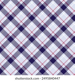 Seamless plaid pattern with navy blue, light blue, and white colors, accented with red lines. The design of intersecting stripes forming diamond shapes and squares, creating a classic tartan look.