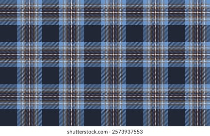 Seamless plaid pattern, navy, blue, white, crossed lines pattern for designing clothes, skirts, blankets, tablecloths, or decorative fabrics, vector illustration.