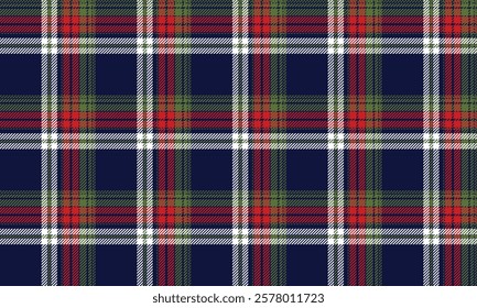 Seamless plaid pattern, navy blue, red, green and white, contrasting perfectly, creating a classic and modern feel, for textiles and clothing design. Vector illustration.