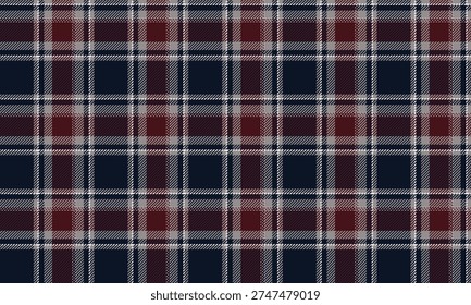 Seamless plaid pattern in navy blue, dark red, gray, and white, suitable for textiles and clothing, including men's and women's fashion, apparel, or as a background for printing.