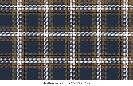 Seamless plaid pattern with navy, brown and white colors for textile and clothing design. Unique, beautiful and stylish. Vector illustration.