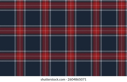 Seamless plaid pattern, navy, red, white, suitable for designing clothes such as skirts or pants. Add a stylish and classic touch to your designs, vector illustration.
