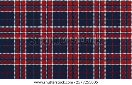 Seamless plaid pattern, navy, red, and white, perfect for designing clothes, skirts, and pants, this classic plaid creates elegance and style for any occasion, vector illustration.