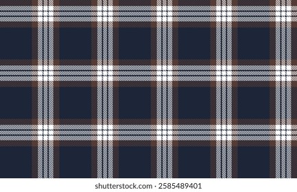 Seamless plaid pattern, navy, white, and brown, suitable for designing clothes, skirts, and pants, giving a modern, classic, and stylish feel.