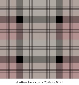 Seamless plaid pattern in neutral tones. Classic checkered design with subtle pink accents. Perfect for backgrounds, textiles, and design projects.