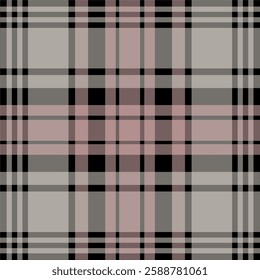 Seamless plaid pattern in neutral tones. Classic checkered design with subtle pink accents. Perfect for backgrounds, textiles, and design projects.