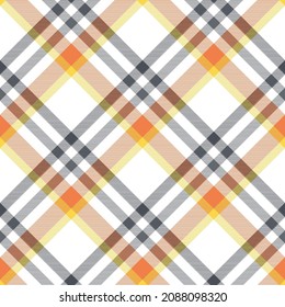 Seamless plaid pattern in orange, yellow, black and white. All over diagonal fabric print. 