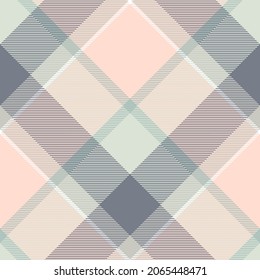 Seamless plaid pattern in pink, dusty green, grey and taupe. Diagonal repeat. 