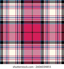 Seamless plaid pattern in pink, white, and black, featuring a variety of stripes and colors for a geometric and stylish design. Perfect for fashion, home decor, and textiles.