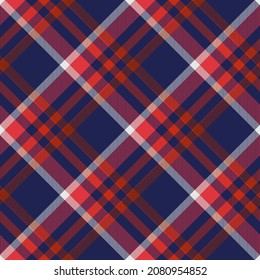 Seamless plaid pattern in red, white and dark navy. All over diagonal fabric repeat.