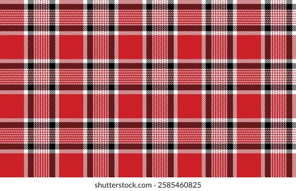 Seamless plaid pattern, red, white, and black, suitable for designing clothes such as skirts and pants, giving a look that is both classic and modern.