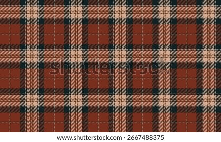 Seamless plaid pattern in reddish brown, navy blue, and beige. Classic design for clothing, skirts, pants, dresses, shirts, or textiles that require a simple yet unique look.