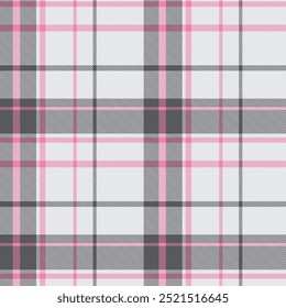 Seamless plaid pattern. Repeating striped tartan vector print with pink and gray checkered stripes on a white background. Apparel textile pattern. Hand drawn illustration.