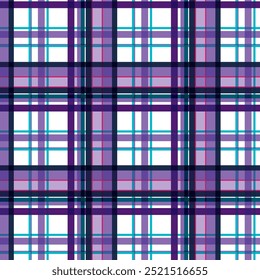 Padrão de xadrez contínuo. Impressão vetorial tartã listrada repetida com listras quadriculadas roxas, azul-azuladas e azul-marinho sobre um fundo branco. Padrão têxtil de vestuário. Ilustração desenhada à mão.