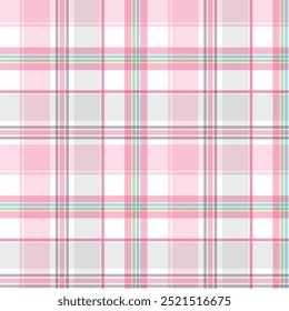 Seamless plaid pattern. Repeating striped tartan vector print with pink and gray checkered stripes on a white background. Apparel textile pattern. Hand drawn illustration.