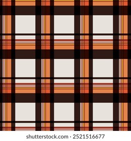 Seamless plaid pattern. Repeating striped tartan vector print with brown and orange checkered stripes on a white background. Apparel textile pattern. Hand drawn illustration.