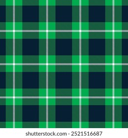 Seamless plaid pattern. Repeating striped tartan vector print with navy blue and white checkered stripes on a green background. Apparel textile pattern. Hand drawn illustration.