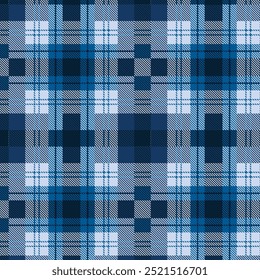 Seamless plaid pattern. Repeating striped tartan vector print with navy blue and white checkered stripes on a blue background. Apparel textile pattern. Hand drawn illustration.