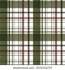 Seamless plaid pattern. Repeating striped tartan vector print with green and brown checkered stripes on a white background. Apparel textile pattern. Hand drawn illustration.