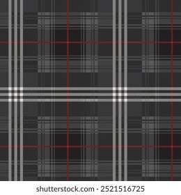 Seamless plaid pattern. Repeating striped tartan vector print with red, white and gray checkered stripes on a black background. Apparel textile pattern. Hand drawn illustration.