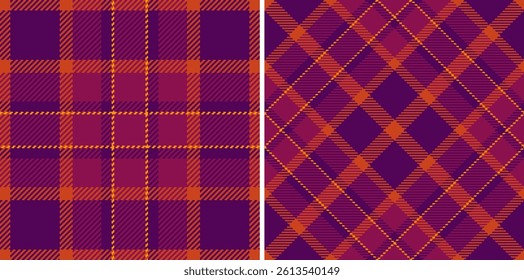 Seamless plaid pattern set. Classic tartan texture in purple, orange, and burgundy hues. Ideal for textile, fashion, or festive backgrounds.