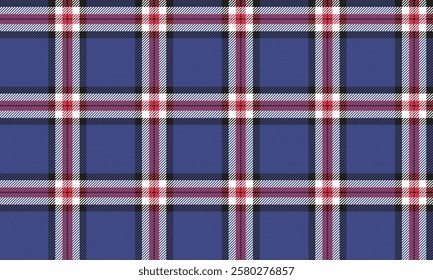 Seamless plaid pattern in shades of blue, white, pink, and black, designed for use in creating clothing such as skirts, pants, and more that require a beautiful and modern look.