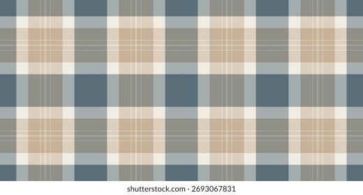 Seamless plaid pattern. Soft blue, tan and gray colors create a calming, balanced textile. Ideal for backgrounds, textiles,  graphic designs.