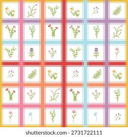 Seamless Plaid Pattern with Spring Wildflowers and Colorful Gingham Check