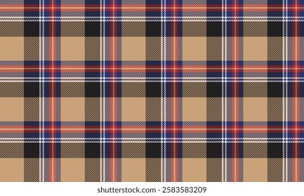 Seamless plaid pattern, using cream, blue, red, black, and white, suitable for designing clothes, skirts, and pants, adding style and classic to the outfit.