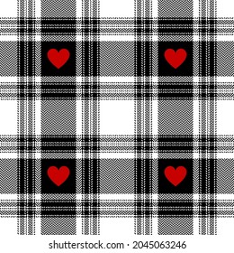 Seamless plaid pattern for Valentines Day with hearts in black, red, white. Herringbone textured tartan check for flannel shirt, duvet cover, scarf, skirt, other spring autumn winter fashion print.