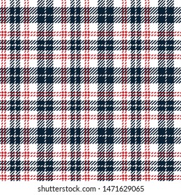 Seamless plaid pattern vector graphic. Tartan check plaid in dark blue, red, and white for jacket, coat, skirt, shirt, or other modern textile print. Hounds tooth texture.